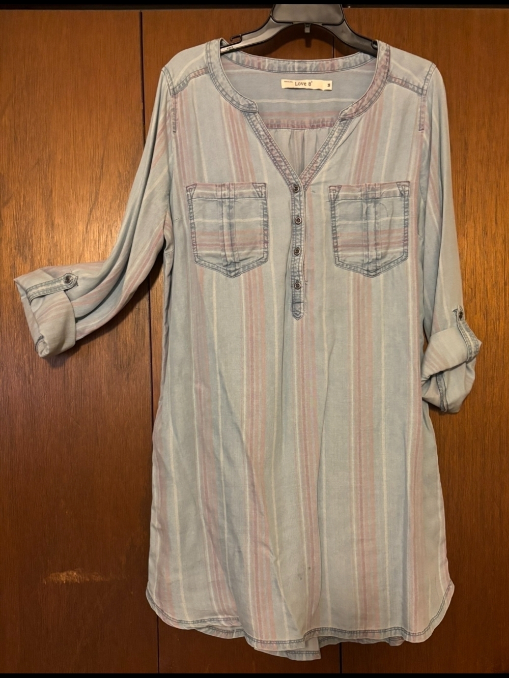 Love 8 Striped Chambray and Pink Long Sleeve Shirt Dress